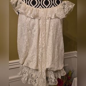 White Sleeveless Lace Off-Shoulder Ruffle Blouse White XL